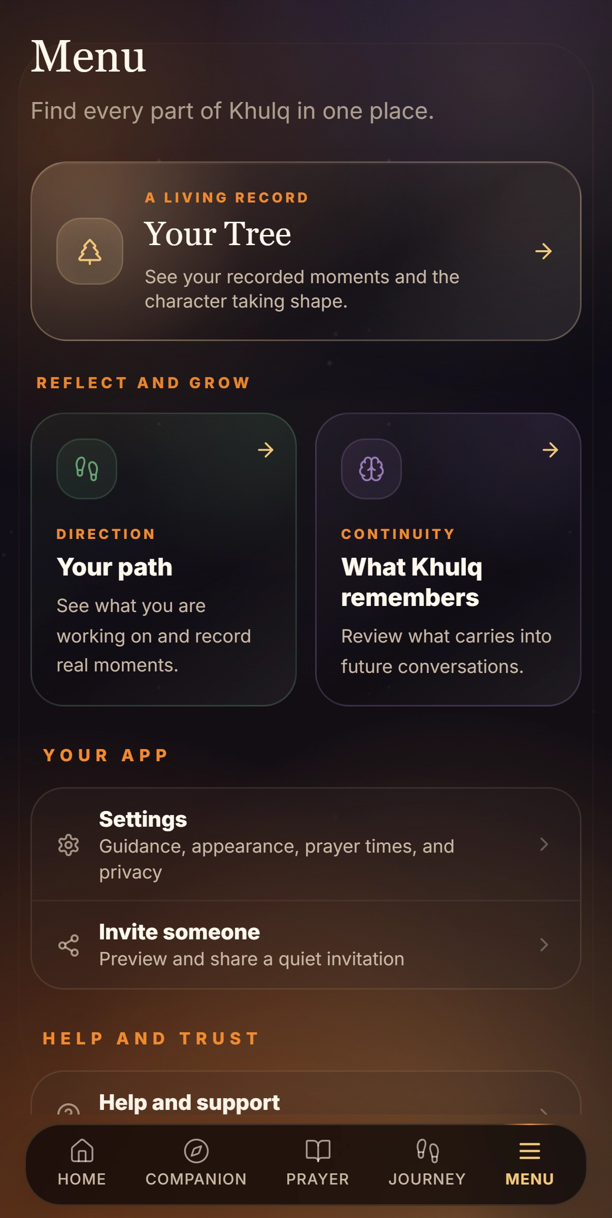Khulq Menu, showing the Tree, Path, memory and app settings in one clear place